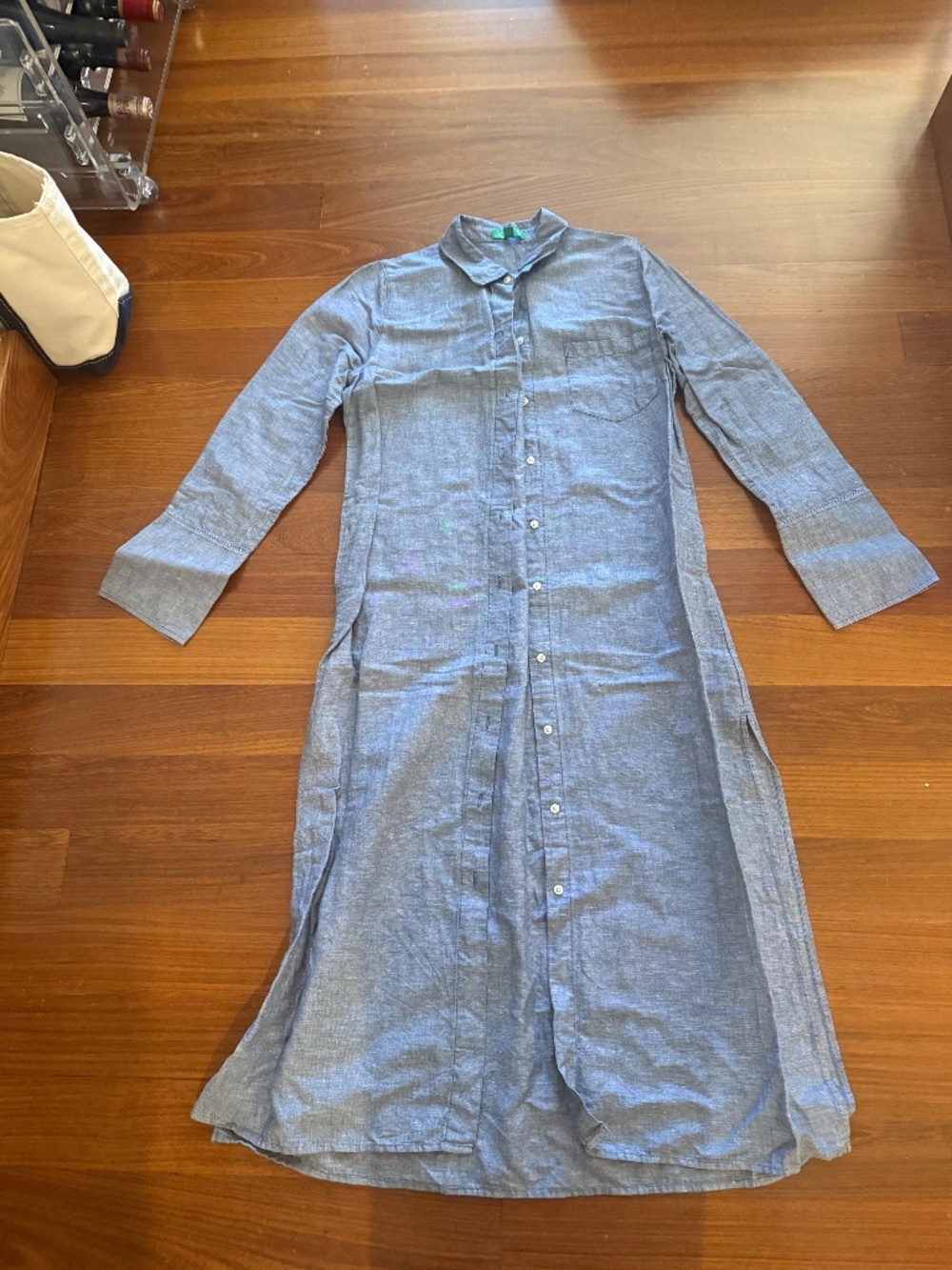 Linen Blend Blue Maxi Shirt Dress